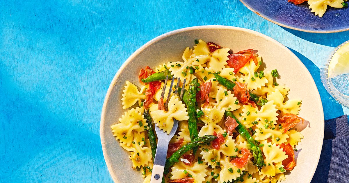 Charred asparagus, fennel seed & lemon pasta salad with crispy prosciutto