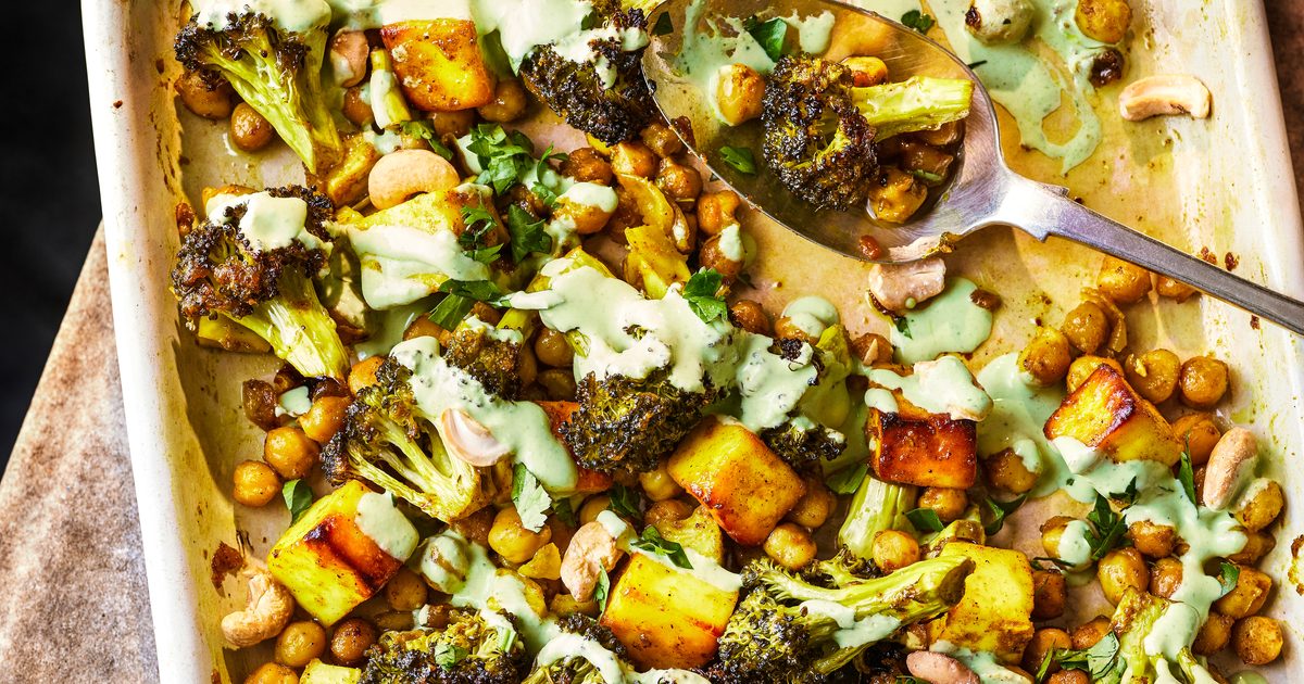 Garam masala paneer & broccoli traybake with green yogurt recipe