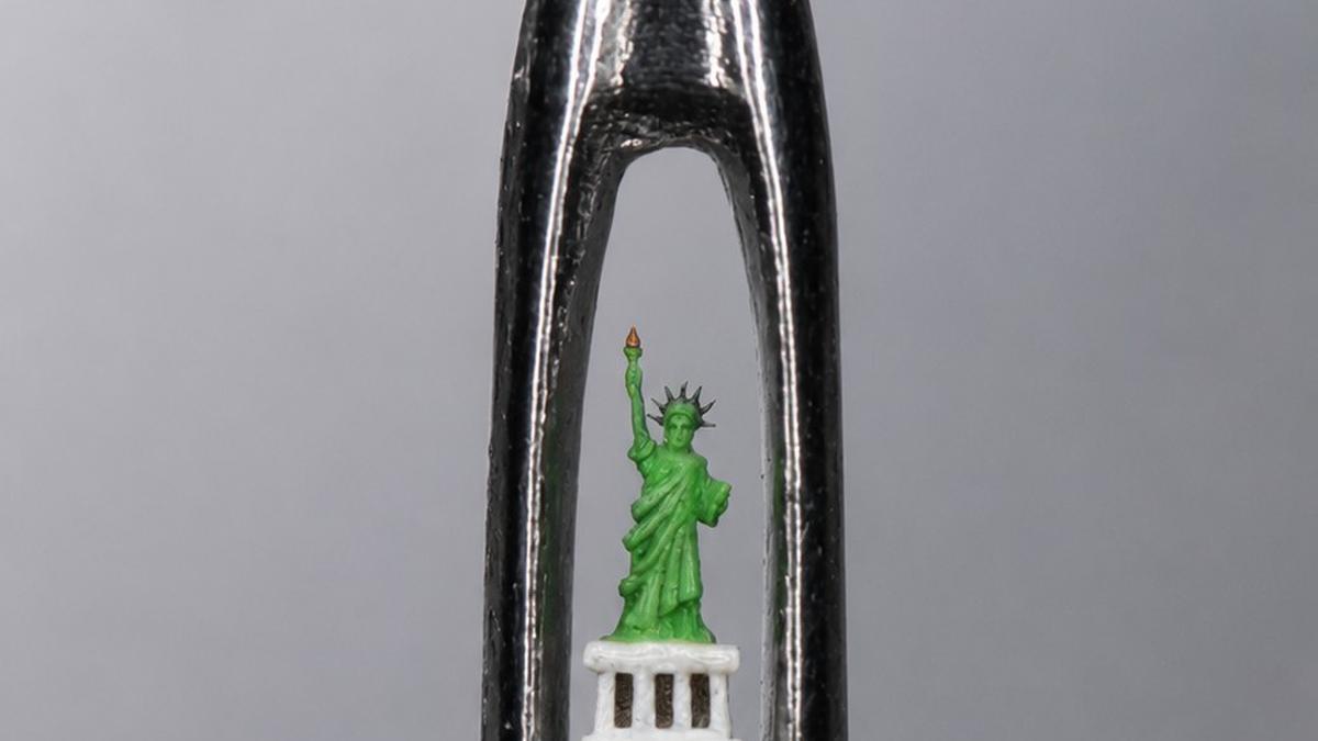 Micro sculpture of Statue of Liberty inside needle’s eye marks USA’s Freedom 250